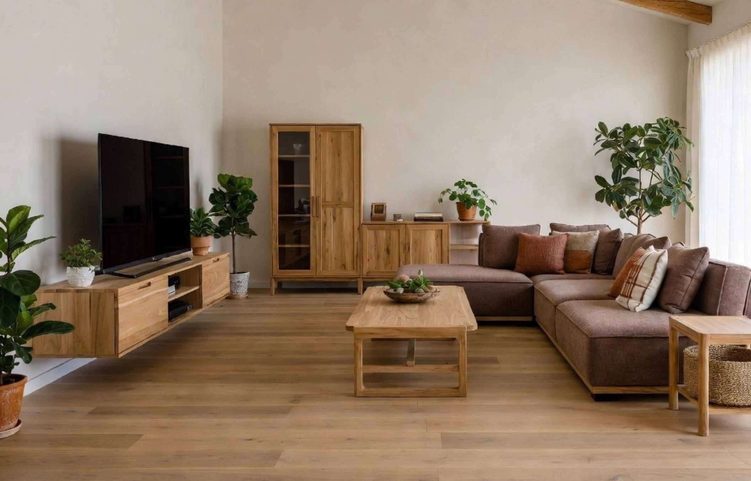 Calm living room with TV Console, teak furniture, plants, and soft natural light.