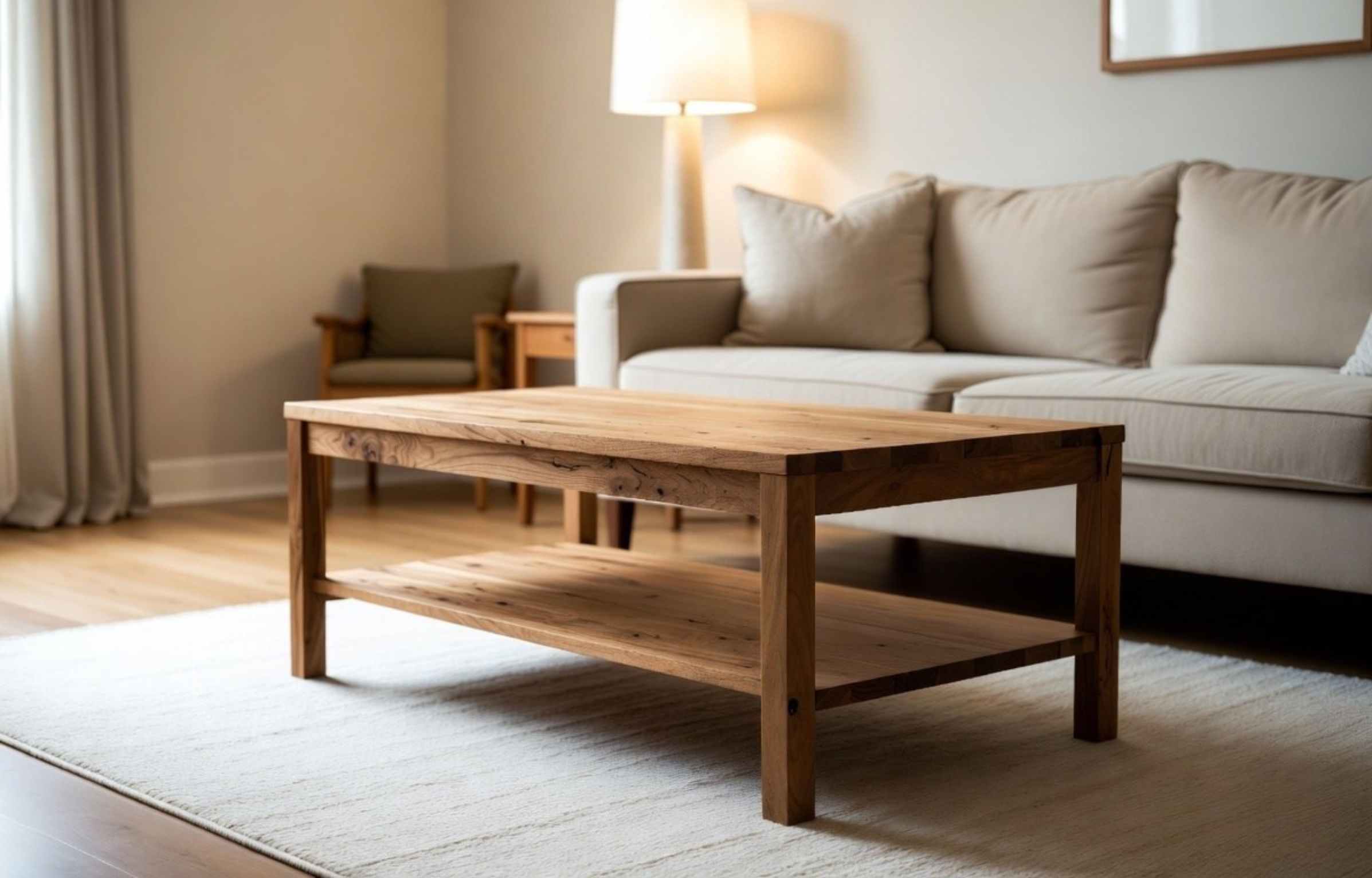 Minimalist teak coffee table with open shelf in a warm modern living room.