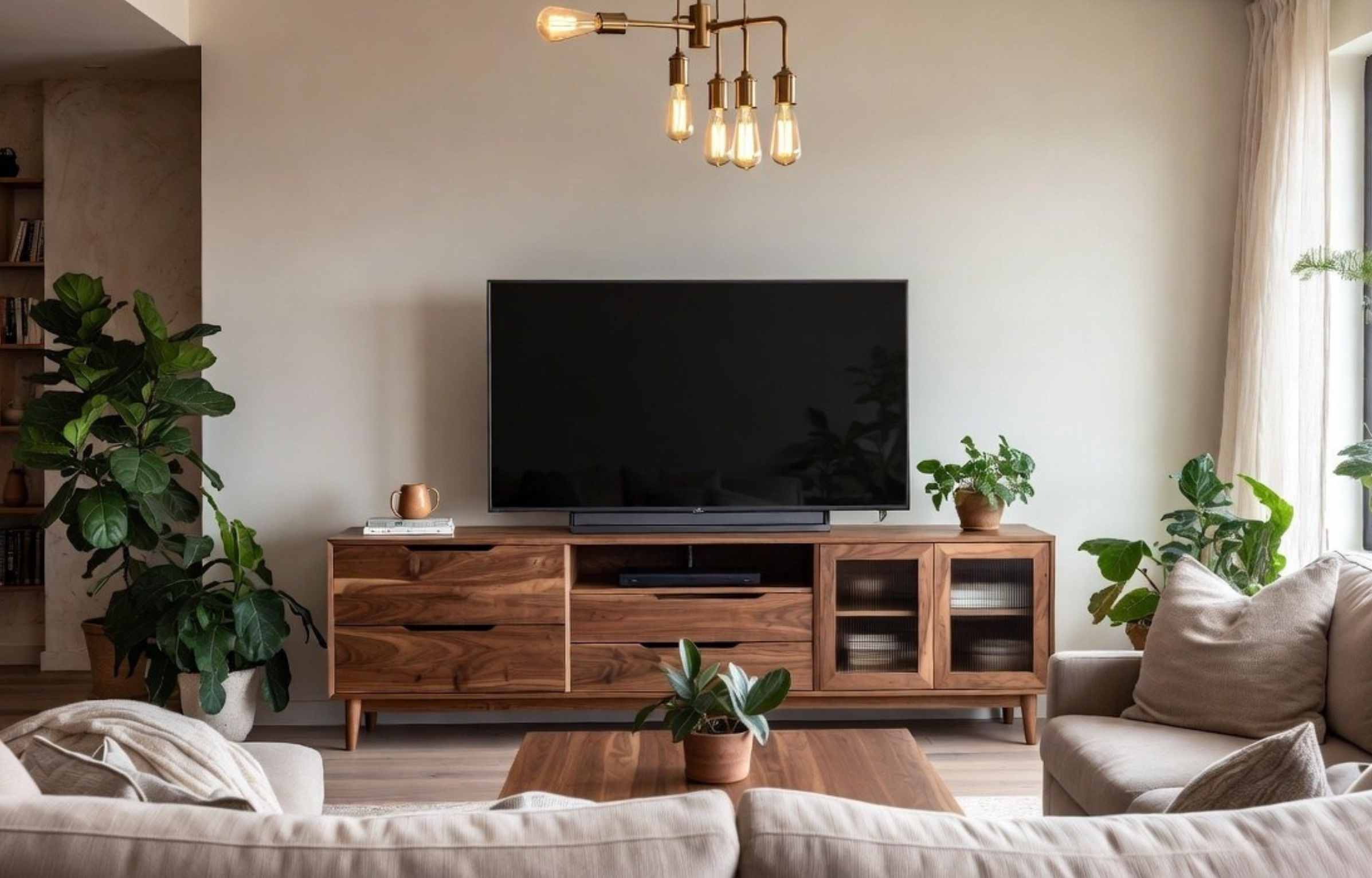 Modern living room with teak TV console, plants, and neutral sofas.