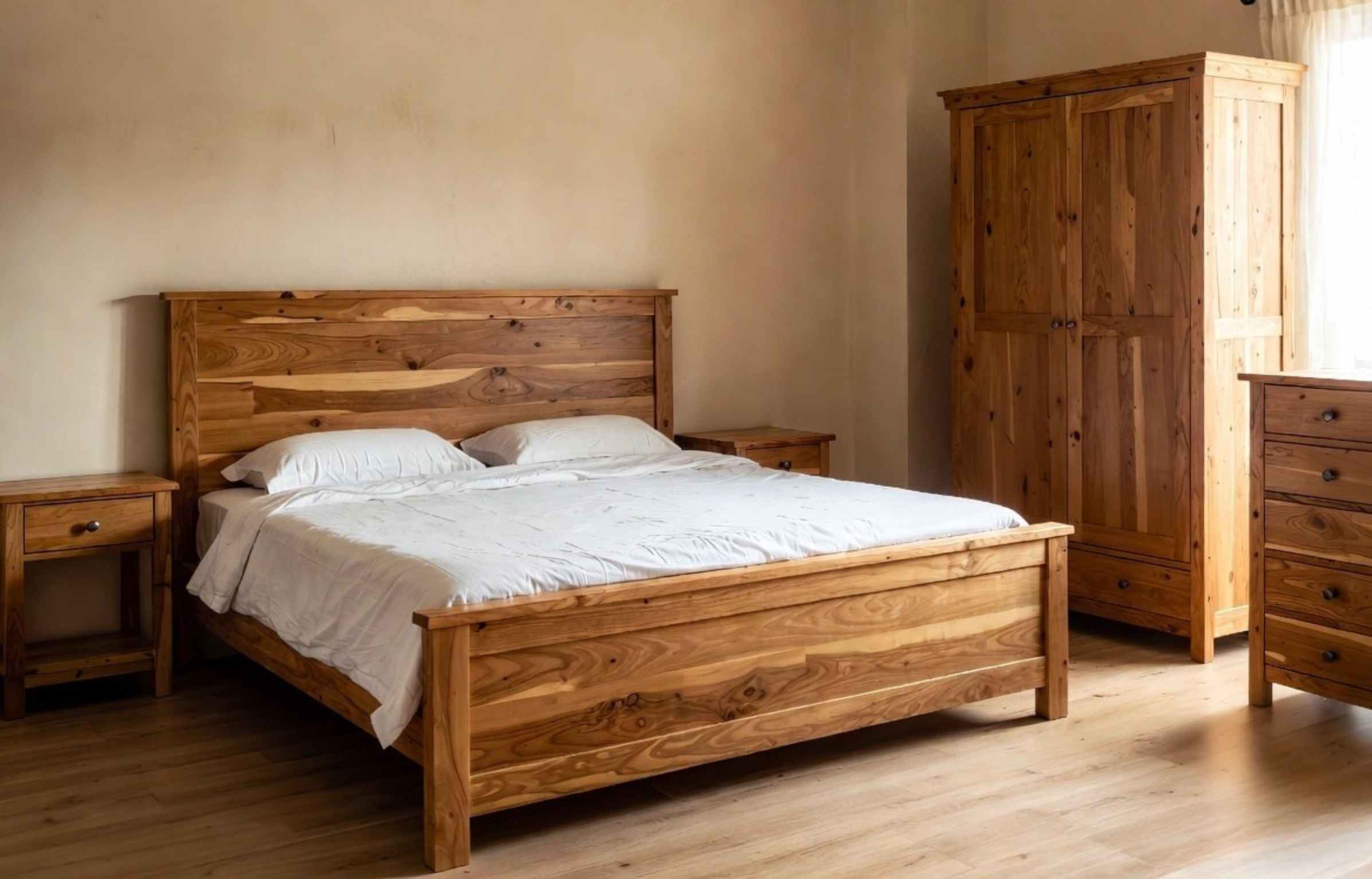 Rustic teak bedroom furniture, including a bed frame, dresser, mirror, and wardrobe, with a natural wood-grain finish.