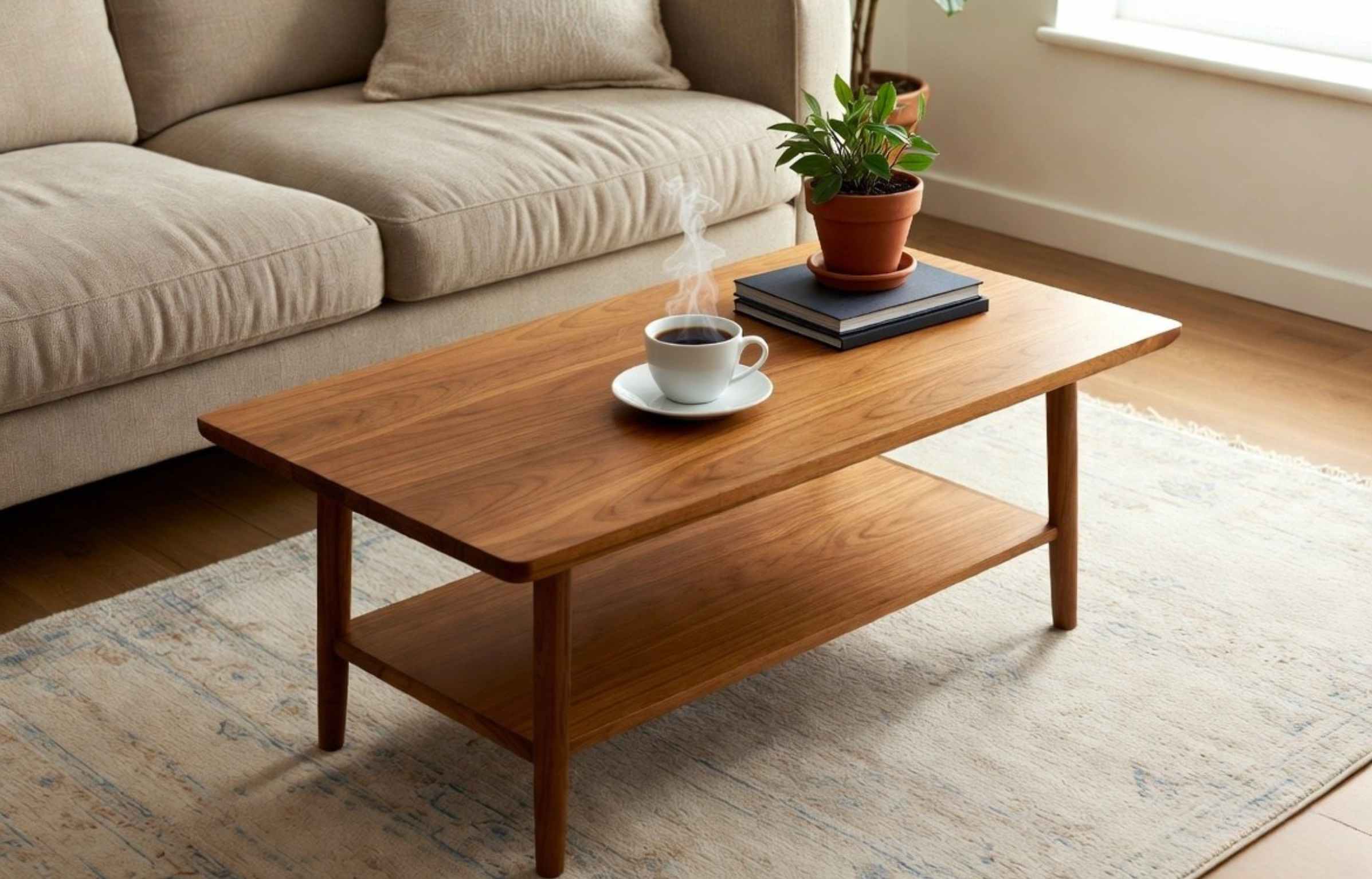 Styled teak coffee table with coffee cup, books, and a plant in a bright living room.