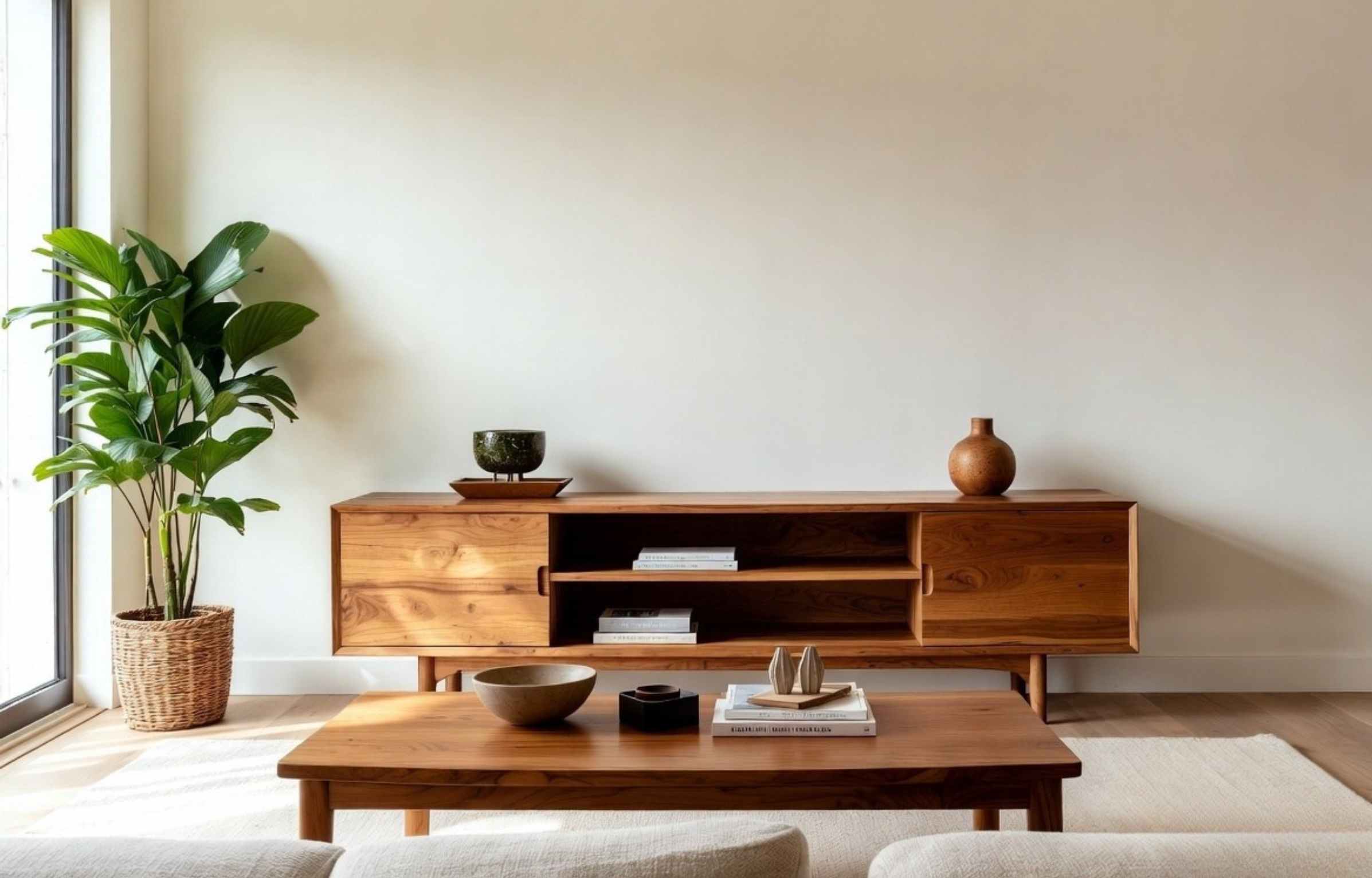 Teak TV console and coffee table in a minimal living room with an indoor plant and decor, highlighting teak furniture maintenance