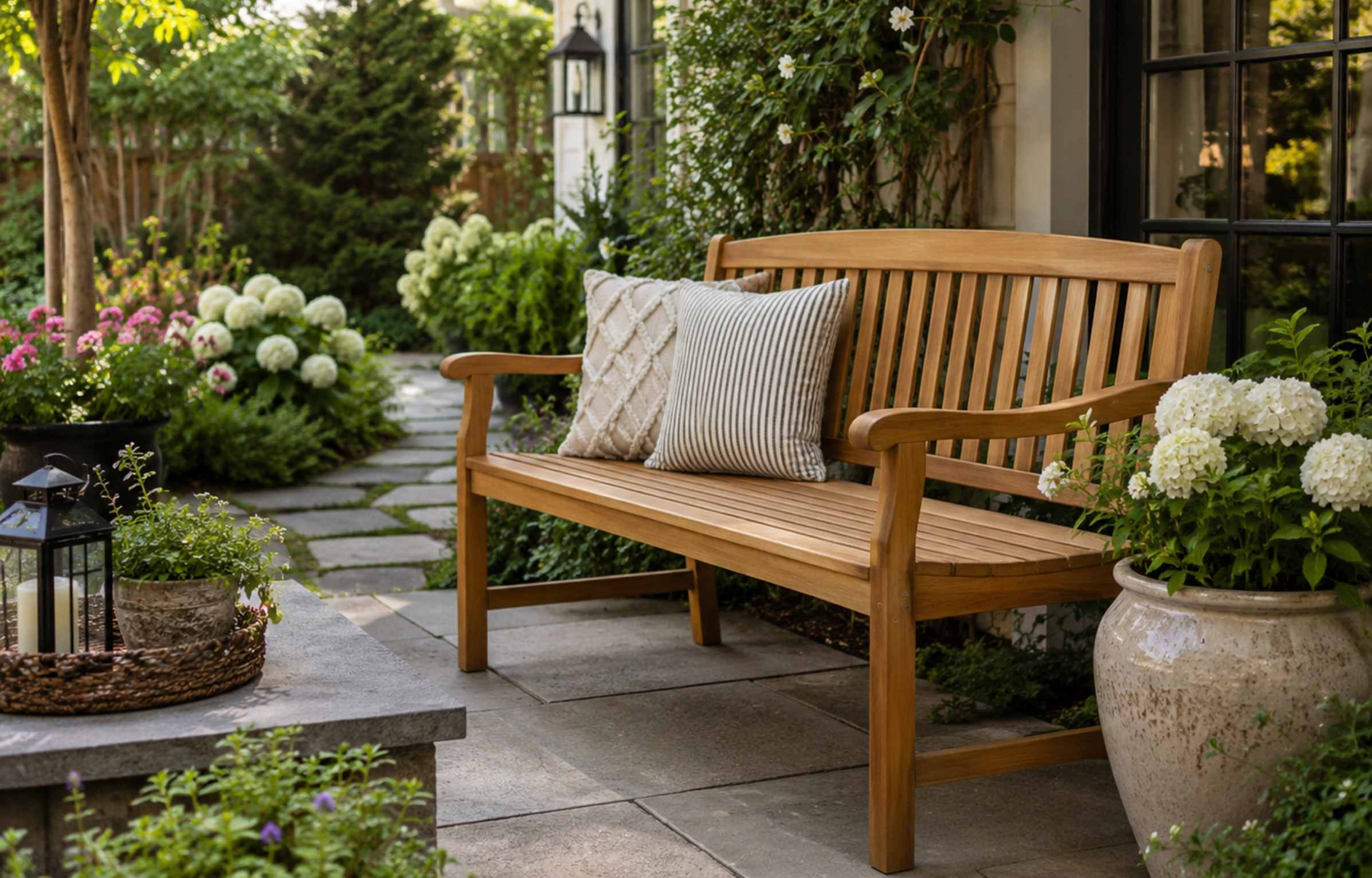 Teak outdoor bench with cushions on a shaded garden patio.