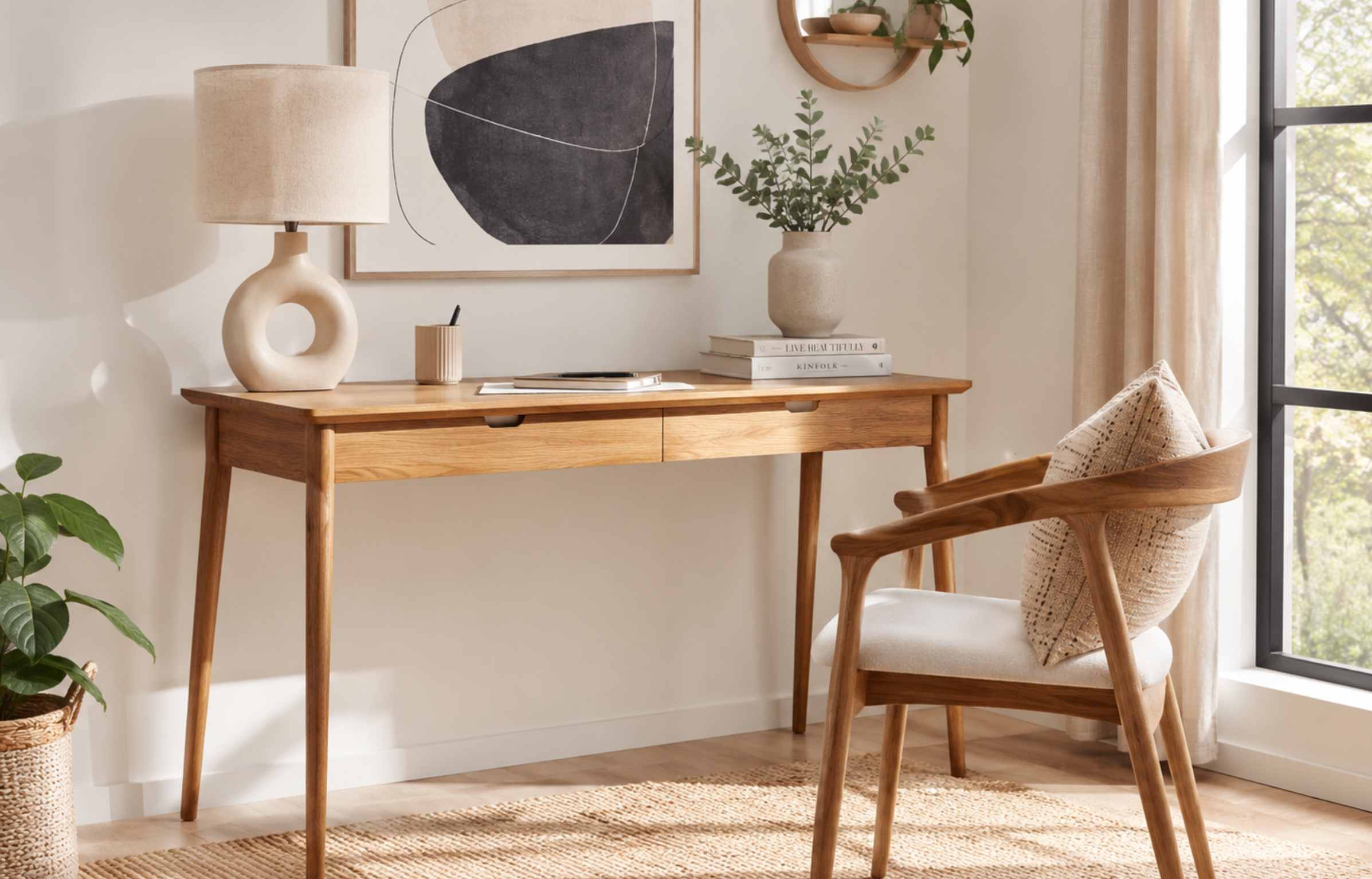 Teak writing desk with chair, lamp, artwork, and plants in a warm home office setup.
