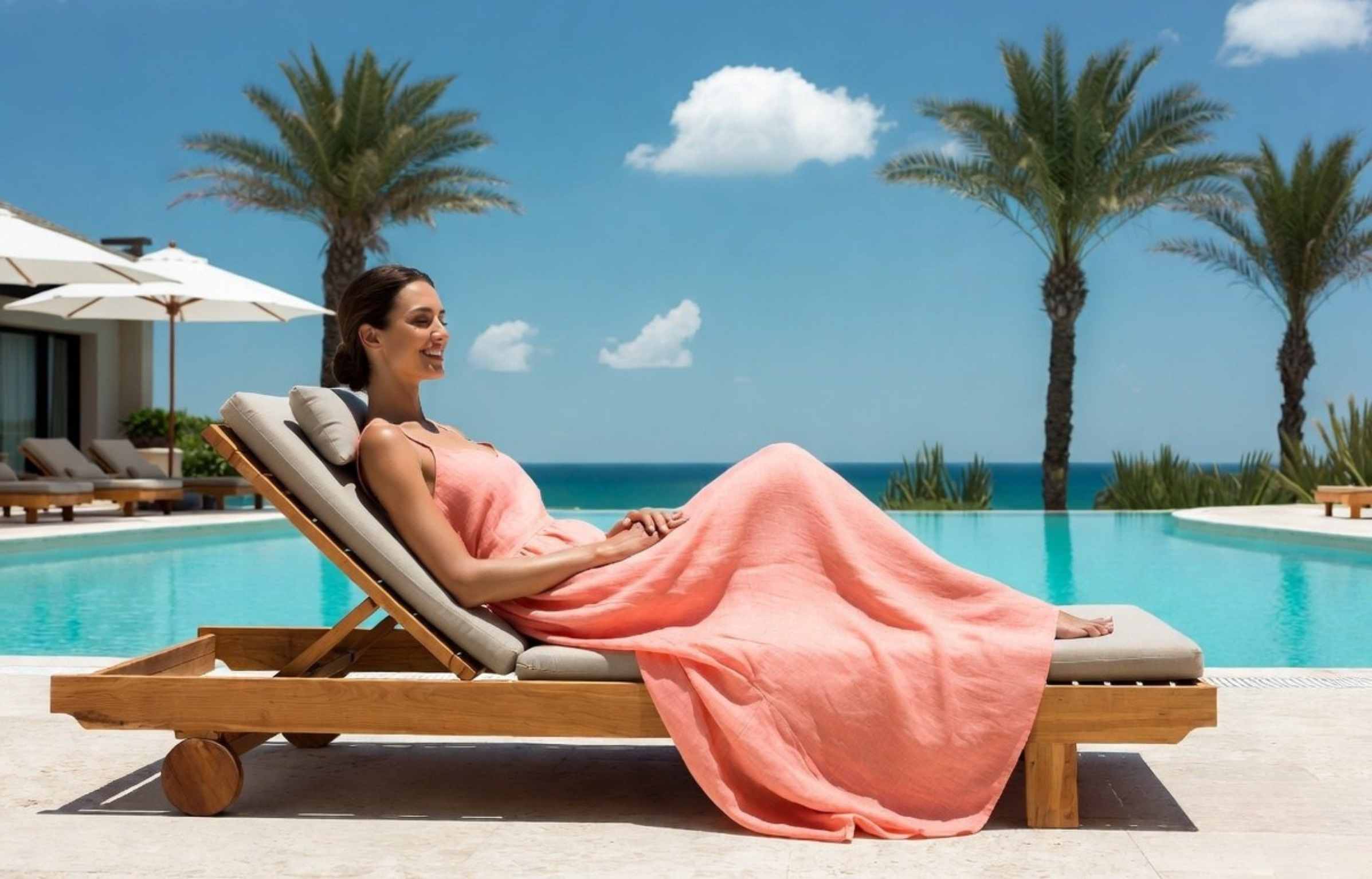 Woman relaxing on a teak sun lounger beside a tropical pool.