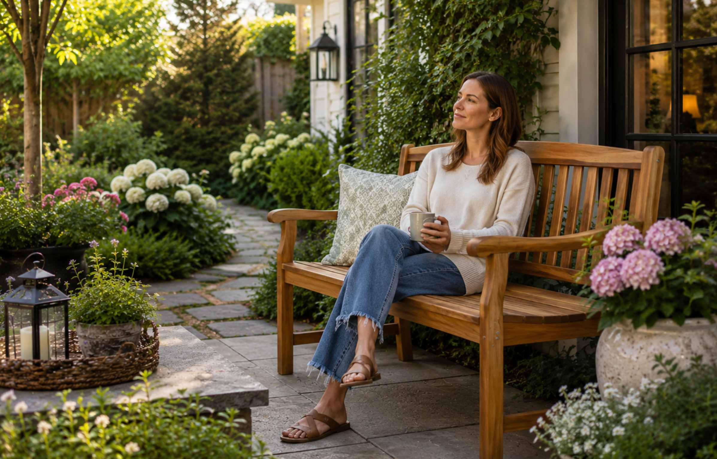Woman relaxing on a teak outdoor bench in a lush garden patio.
