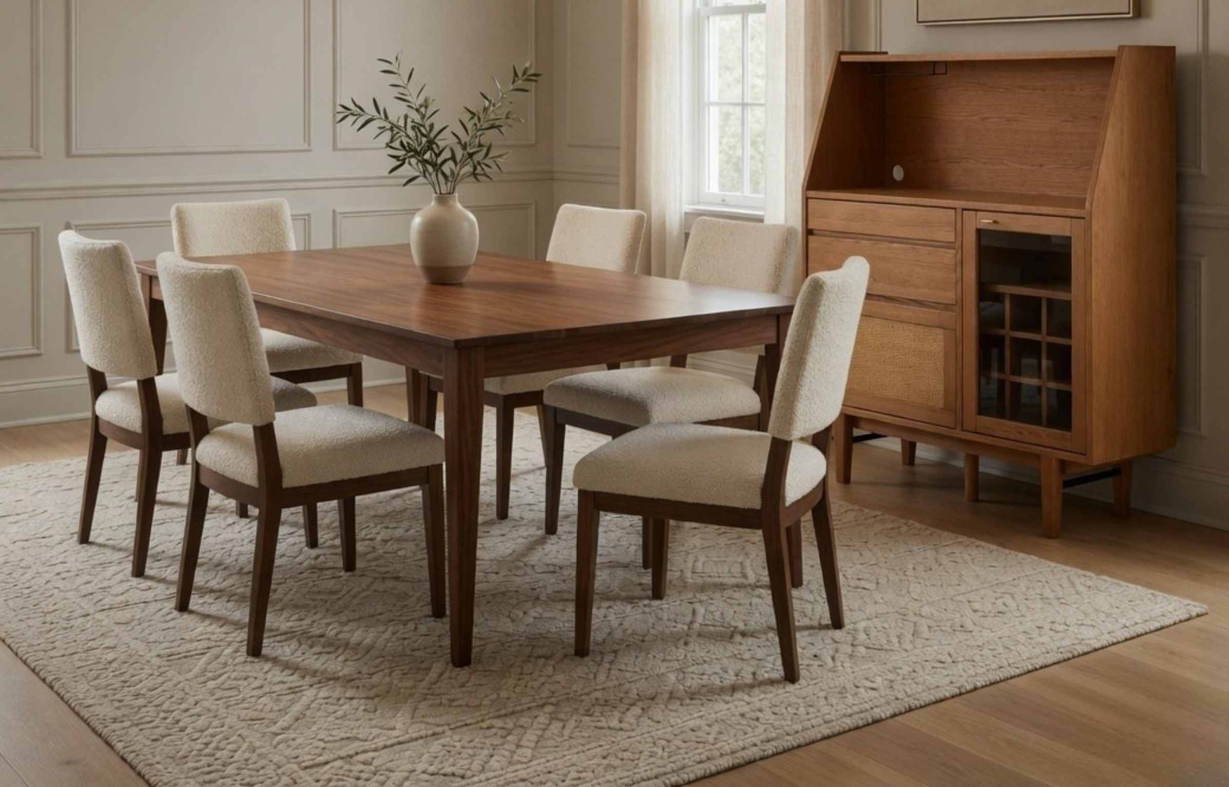 Wooden dining table with upholstered chairs and matching cabinet in a calm dining room.