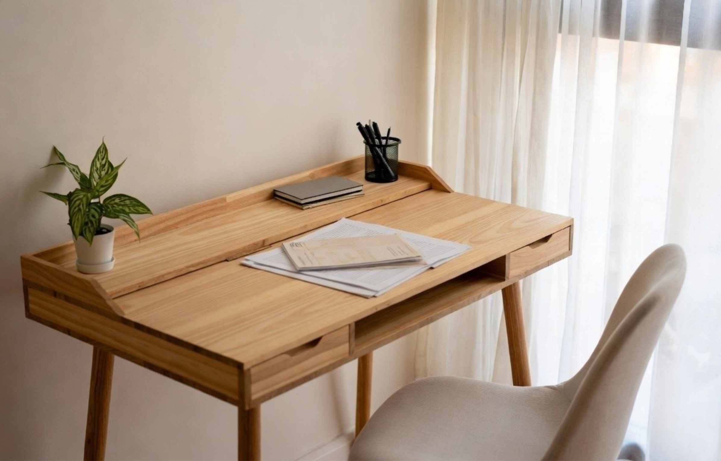 Wooden writing desk with drawers, a plant, notebooks, and a white chair by a bright window.
