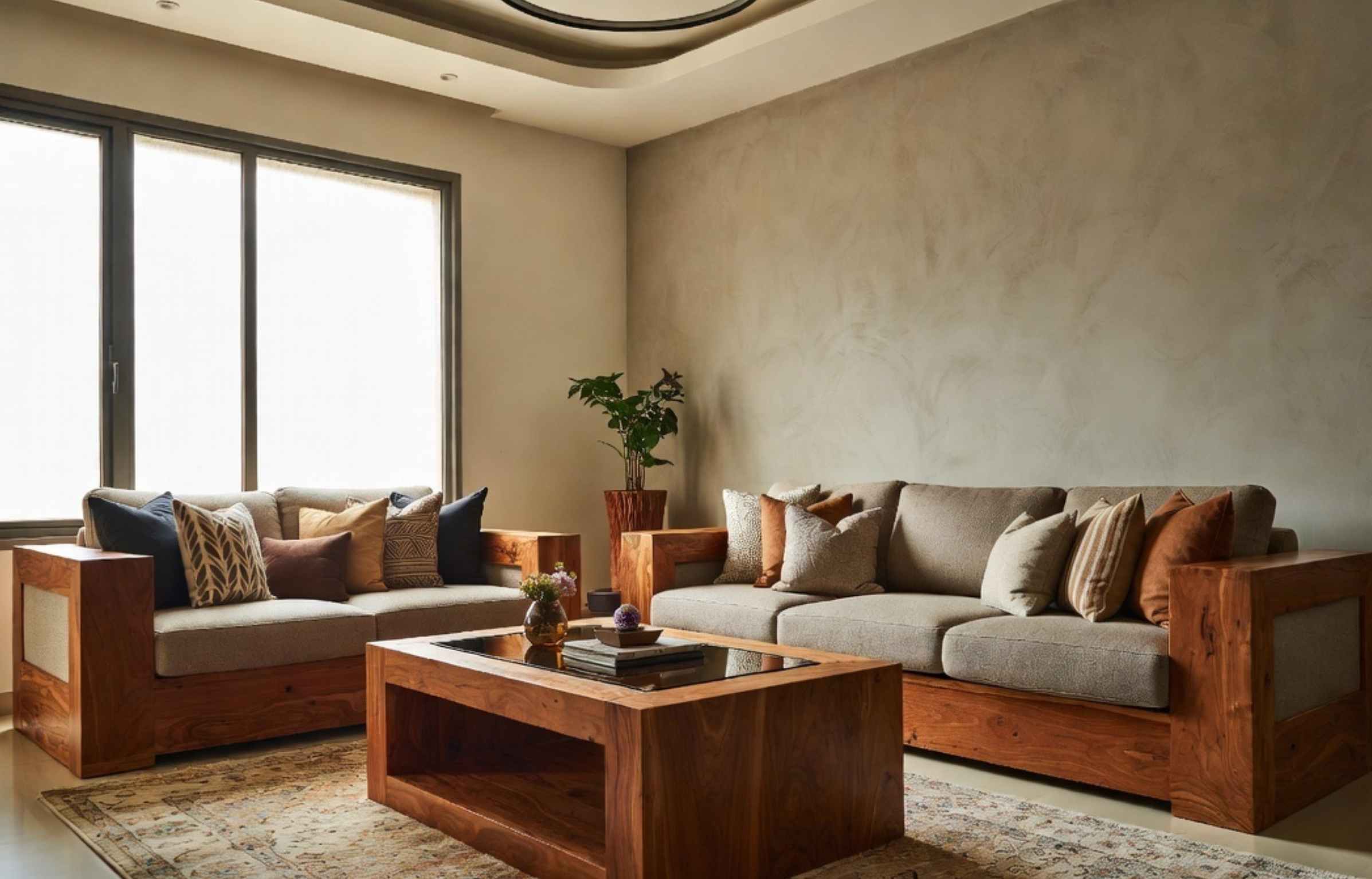 Teak furniture Malaysia modern living room with solid wood sofa and coffee table.