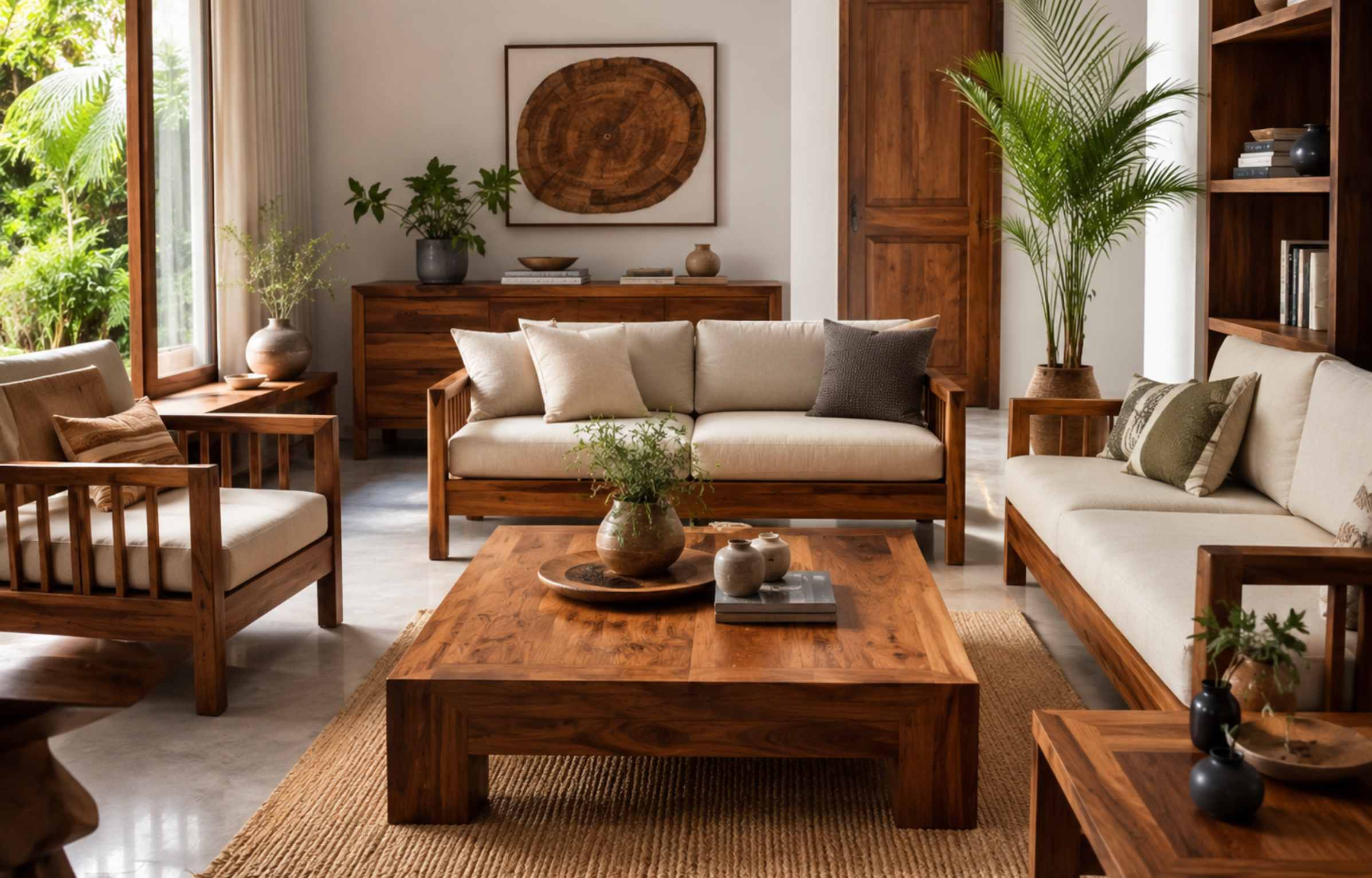 Bright living room featuring solid wood furniture malaysia style, with sofa, armchair, coffee table, cabinet, plants, and natural decor.