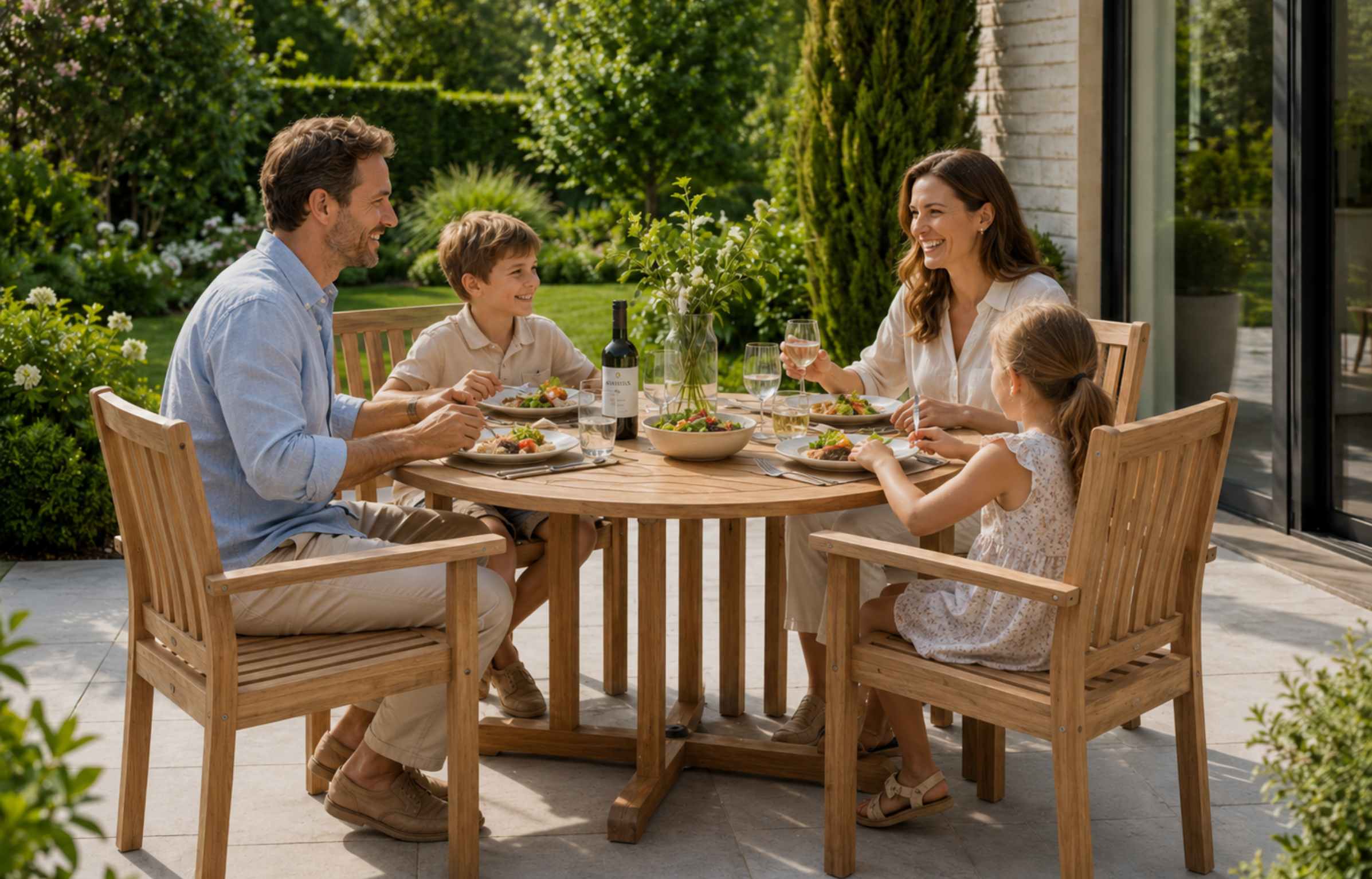 Family dining on a teak outdoor dining set in a sunny garden patio.