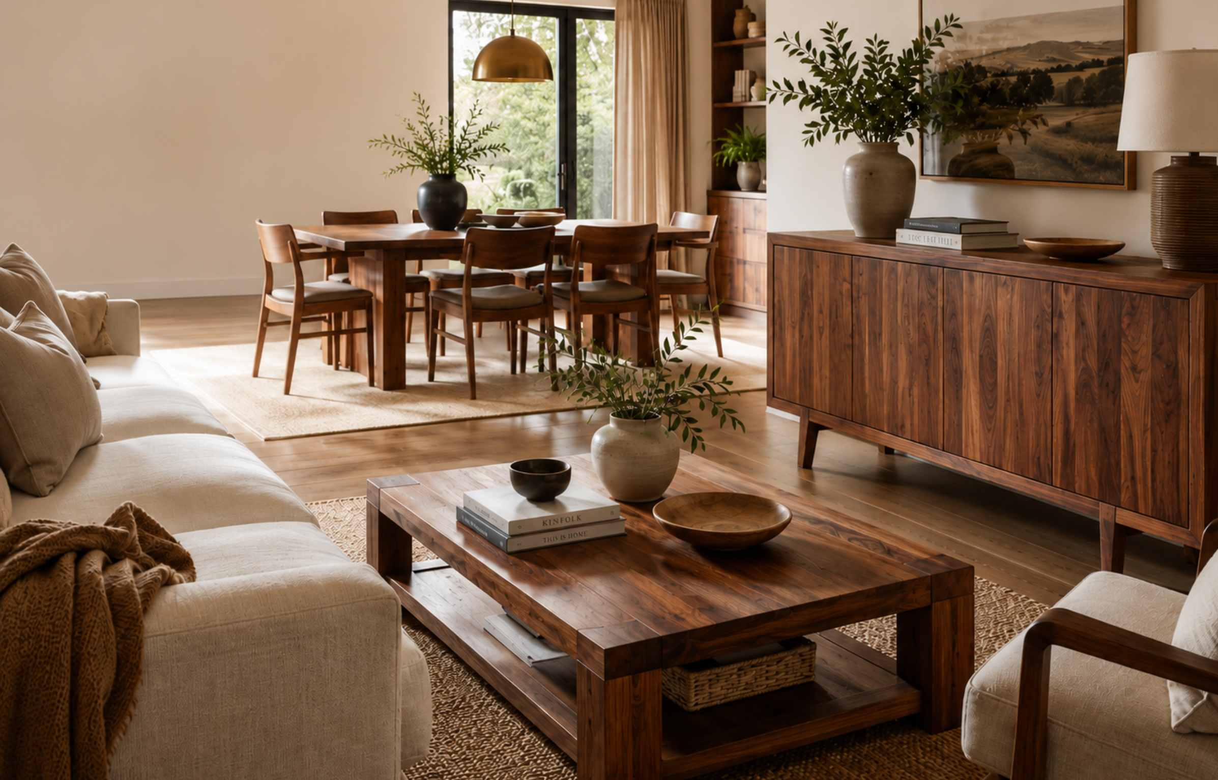 Solid wood living and dining room with teak table, cabinet, sofa, plants, and warm natural light.
