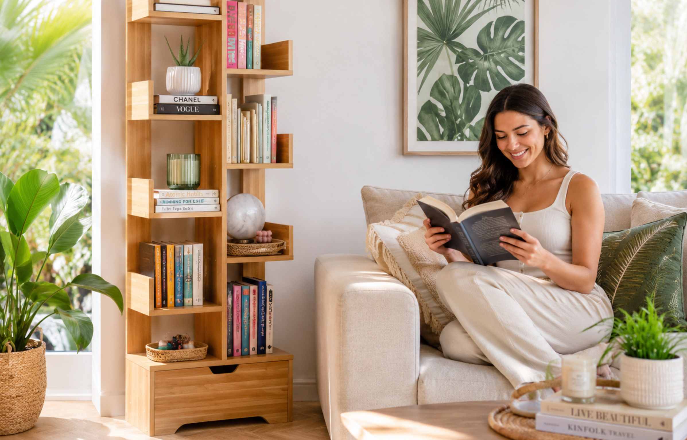 Teak bookshelf beside a sofa with books, plants, and a woman reading.