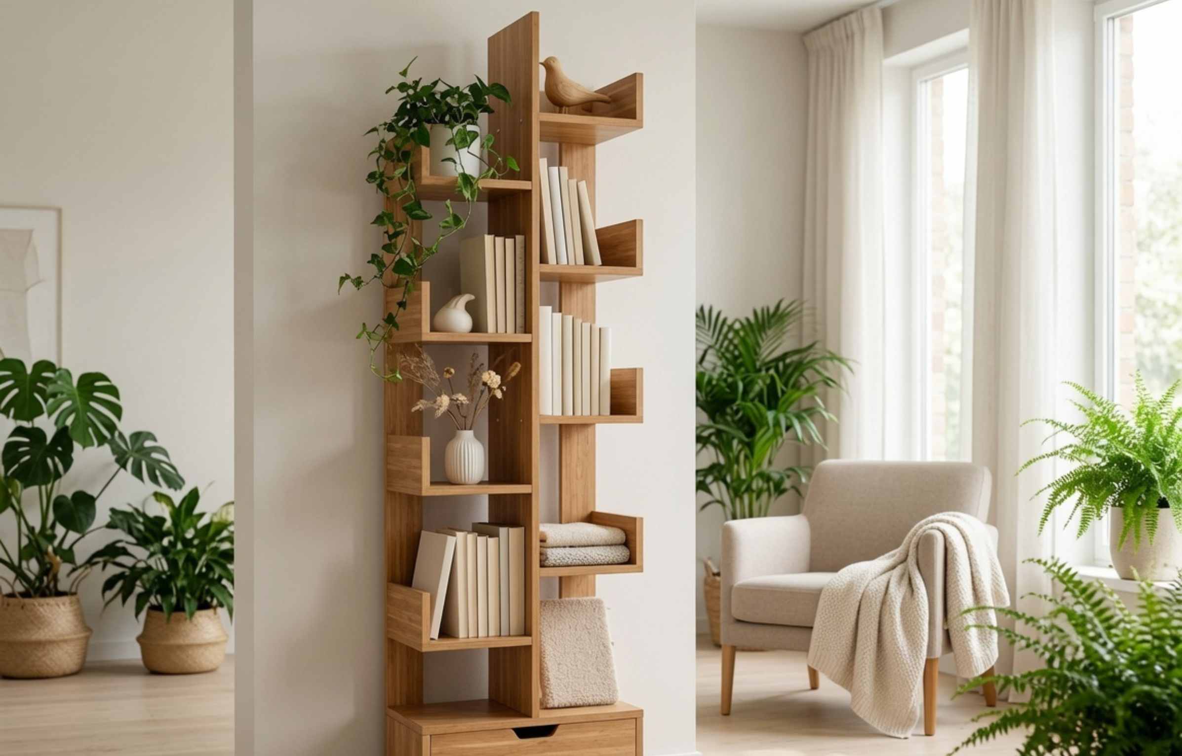 Teak bookshelf styled with plants, neutral books, and a cosy reading chair.