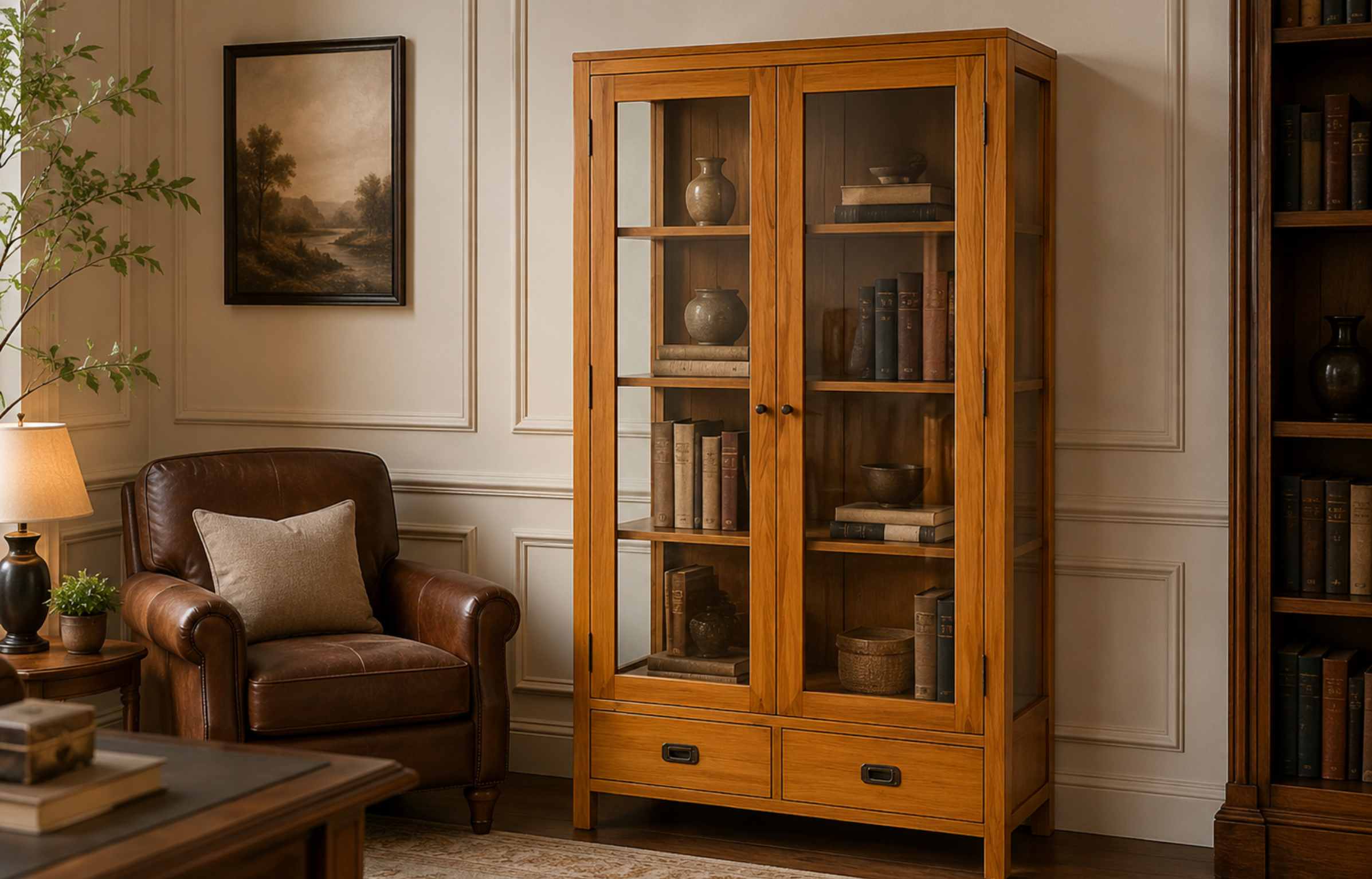 Teak glass cabinet with doors styled with books and décor beside a leather armchair.
