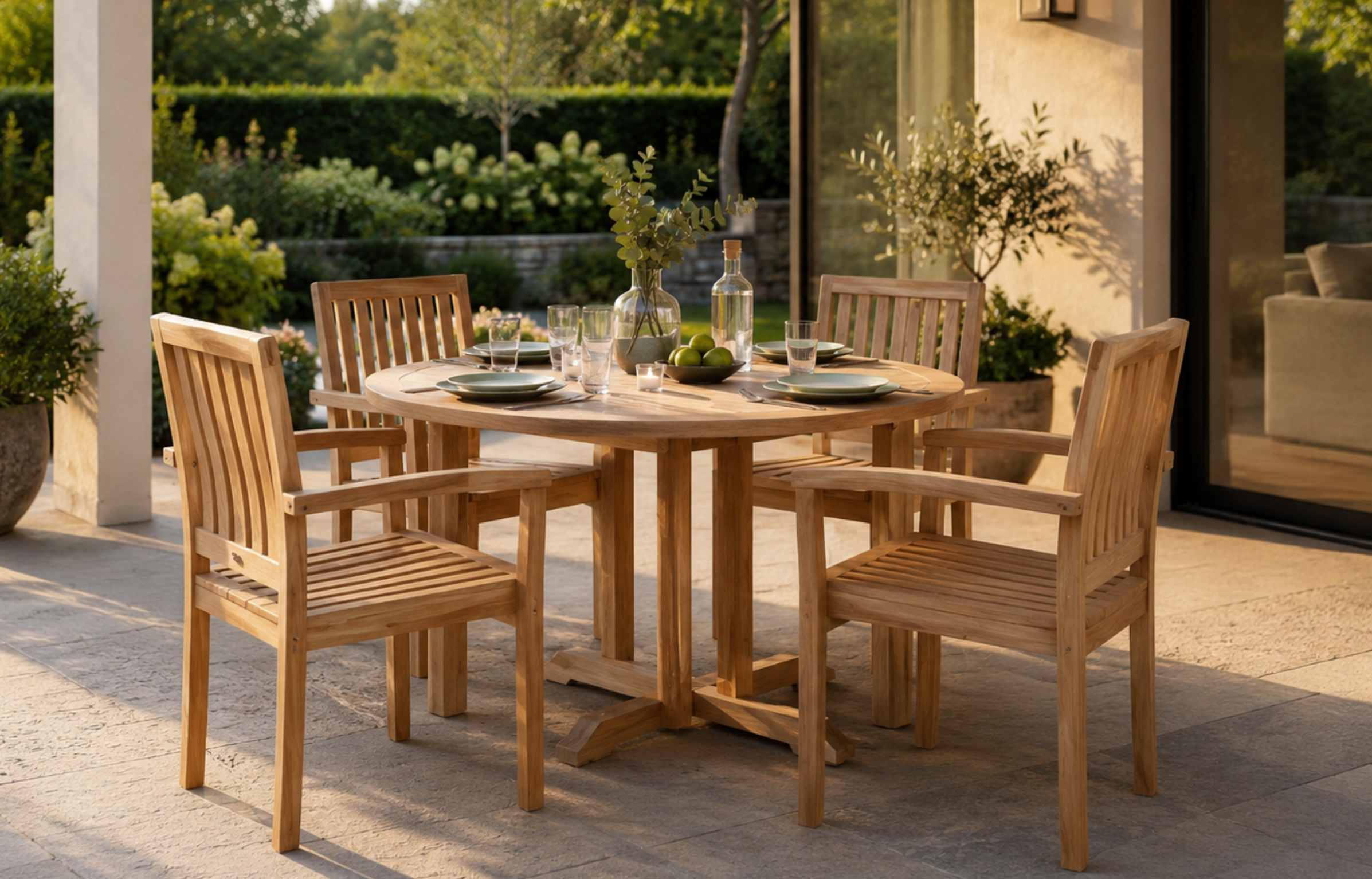 Teak outdoor dining sets with four chairs on a sunny home patio.