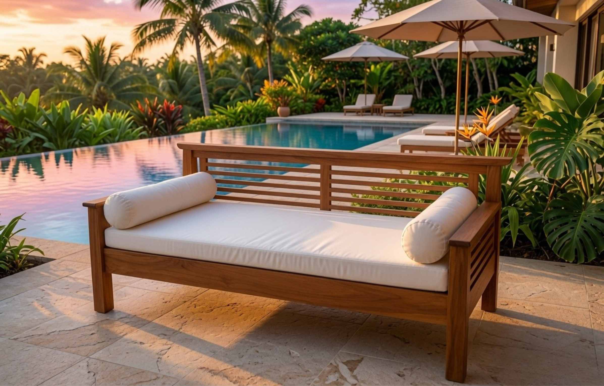 Teak wooden daybed with white cushions on a luxurious poolside patio at sunset, surrounded by tropical palms and umbrellas.