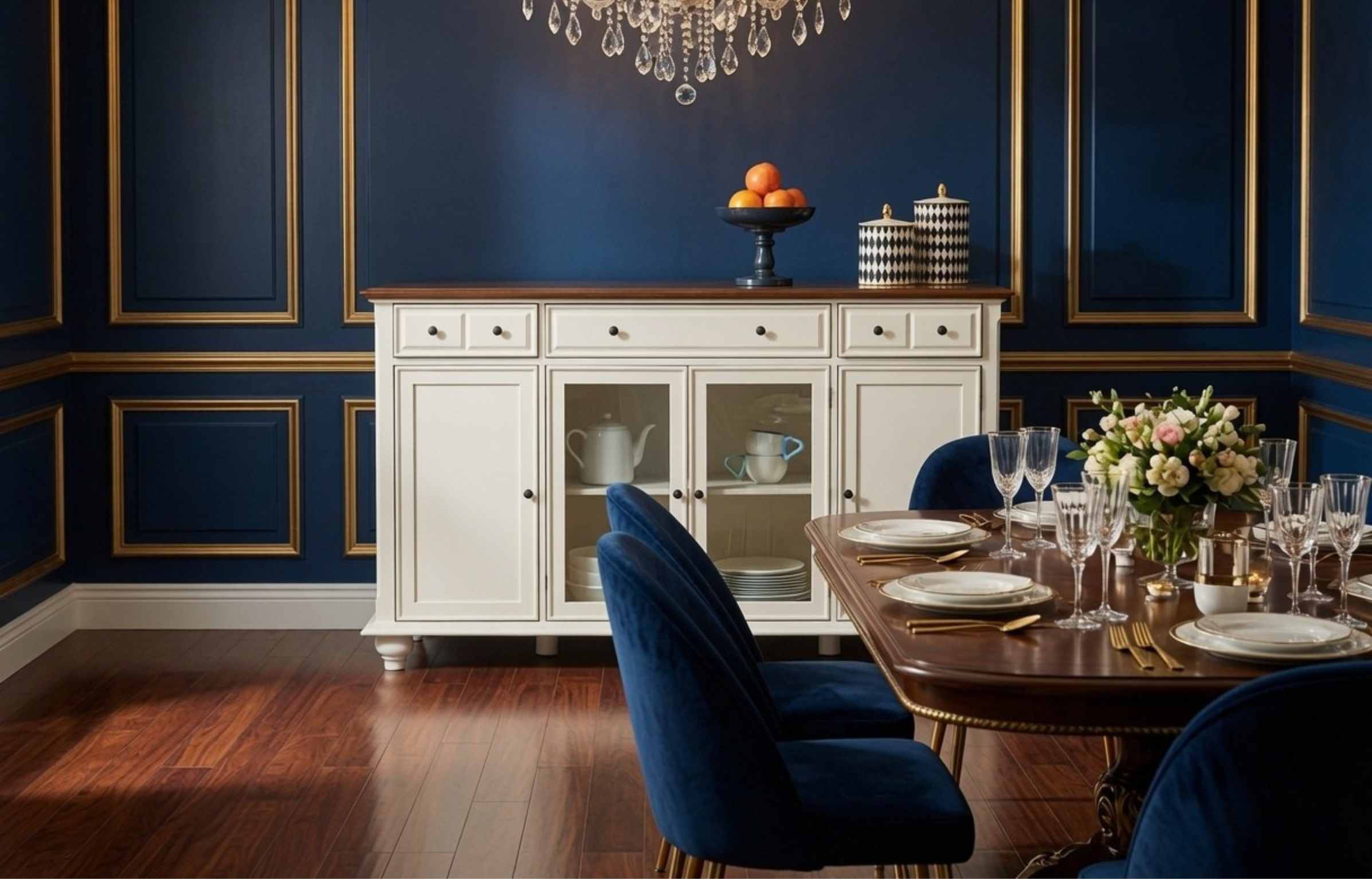 White Buffet Cabinet in an elegant dining room with navy walls, chandelier, and formal table setting.