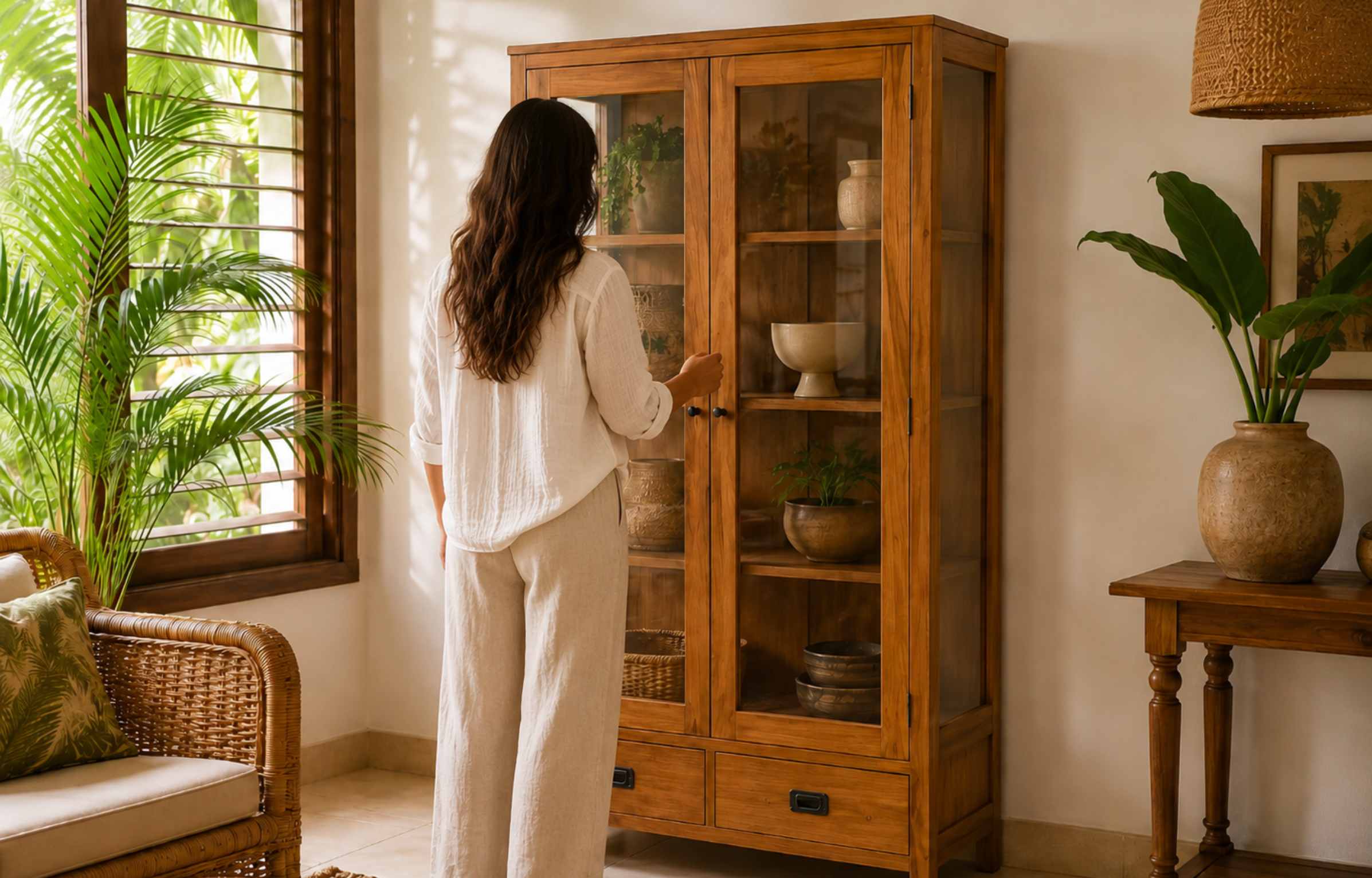 Woman arranging décor in a teak glass cabinet with doors in a bright tropical living room.