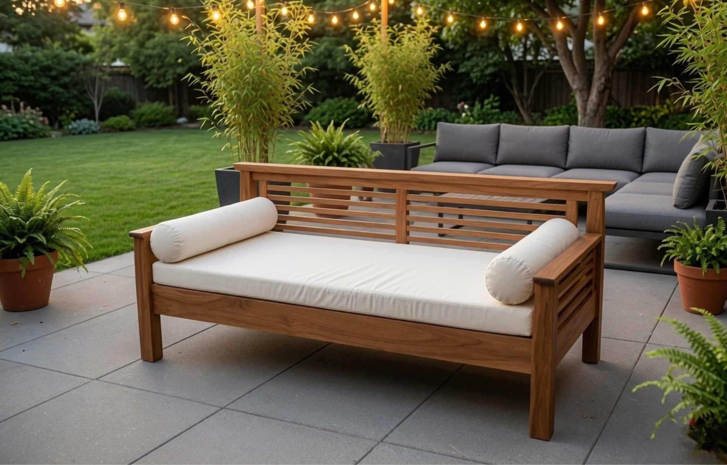 Wooden outdoor daybed with white bolsters on a modern backyard patio with string lights, potted plants, and lawn.