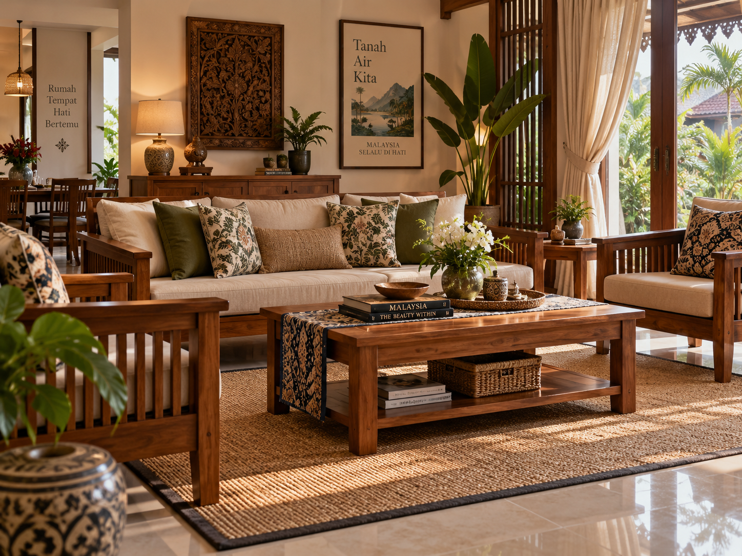 teak sofa set in a modern Malaysian living room
